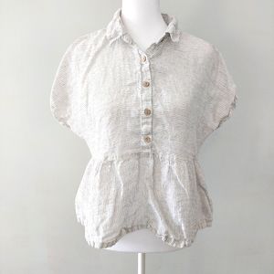 Catherine Malandrino blouse Small Linen peplum gray white stripes half button
